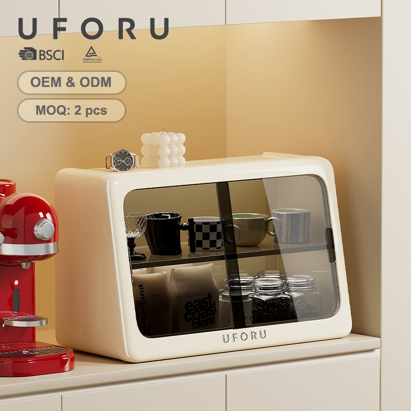 Home Office Shed - UFORU กล่องเก็บถ้วยกันฝุ่น 2 ชั้นความจุขนาดใหญ่ประตูบานเลื่อนออแกไนเซอร์แก้วกาแฟสำหรับห้องครัวสำนักงานเดสก์ท็อป
