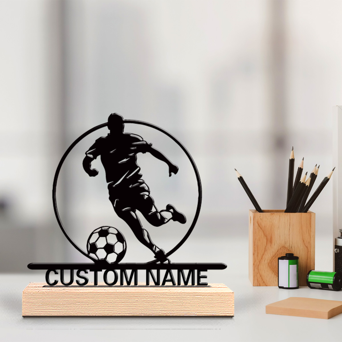 Home Office Hidden Desk - รูปปั้นนักฟุตบอลโลหะสั่งทำพร้อมชื่อ ฐานไม้ตกแต่งโต๊ะ ของขวัญสำหรับแฟนฟุตบอล ของขวัญวันเกิด/วันหยุด/ตกแต่งบ้าน/สำนักงาน