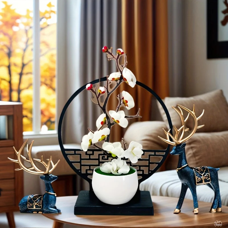 Home Office Headset - ชุดต้นบอนไซดอกพลัมประดิษฐ์สไตล์จีน (หรูหรา) - พร้อมฐานตั้งแบบฉากกั้น, เหมาะสำหรับตกแต่งบ้านและสำนักงาน